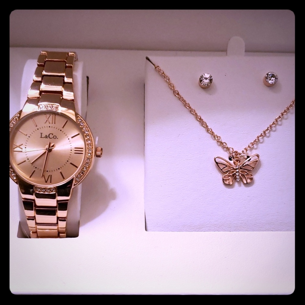 L&Co. Rose Gold Watch & Matching Necklace Earrings